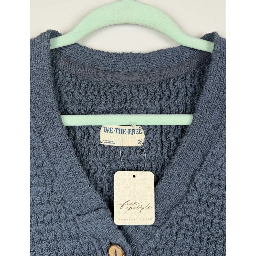 Free People Ava Knit Vest Blue XS Button-Up Sleeveless Shirt Vest Boho Chic